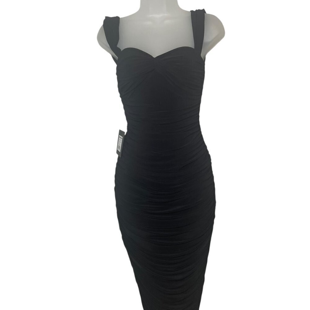 Norma Kamali Walter Dress XS NWT Black Off Shoulder Ruched Midi Cocktail - Picture 5 of 6